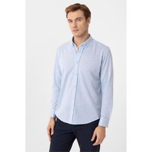 Saks Mavi Slim Fit Armürlü Düğmeli Yaka Gömlek