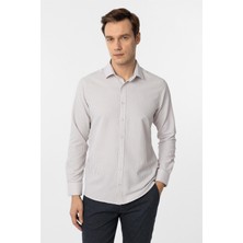 Bej Slim Fit Armürlü Klasik Yaka Çizgili Gömlek