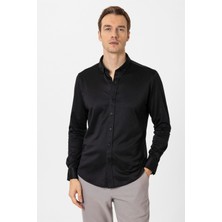 Siyah Slim Fit Armürlü Düğmeli Yaka Gömlek