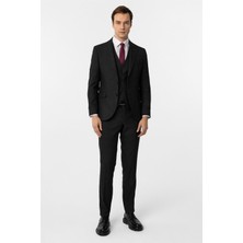 Siyah Slim Fit Desenli Sivri Yaka 6 Drop Yelekli Klasik Takım Elbise