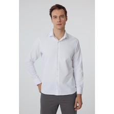 Beyaz Slim Fit Armürlü Klasik Yaka Gömlek
