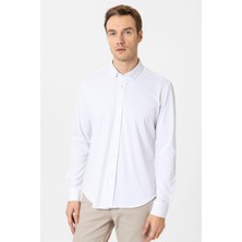 Beyaz Slim Fit Armürlü Düğmeli Yaka Gömlek