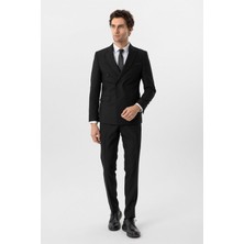 Siyah Slim Fit Armürlü Sivri Yaka 6 Drop Klasik Takım Elbise