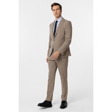 Sütlü Kahve Slim Fit Desenli Sivri Yaka 6 Drop Klasik Takım Elbise