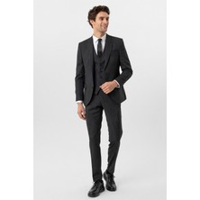 Siyah Slim Fit Desenli Mono Yaka 6 Drop Yelekli Klasik Takım Elbise