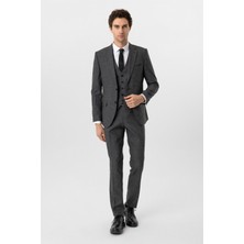 Siyah Slim Fit Desenli Mono Yaka 6 Drop Yelekli Klasik Takım Elbise