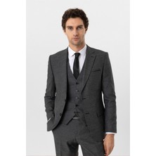 Siyah Slim Fit Desenli Mono Yaka 6 Drop Yelekli Klasik Takım Elbise