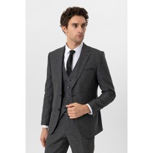 Siyah Slim Fit Desenli Mono Yaka 6 Drop Yelekli Klasik Takım Elbise