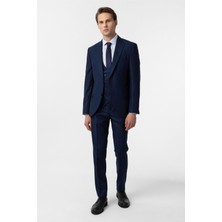 Lacivert Slim Fit Armürlü Sivri Yaka 6 Drop Yelekli Klasik Takım Elbise