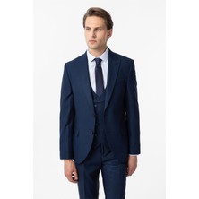 Lacivert Slim Fit Armürlü Sivri Yaka 6 Drop Yelekli Klasik Takım Elbise