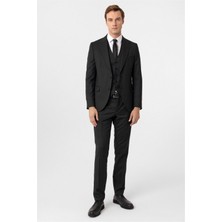 Siyah Slim Fit Armürlü Sivri Yaka 6 Drop Yelekli Klasik Takım Elbise