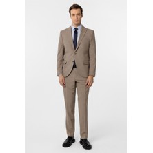 Sütlü Kahve Slim Fit Desenli Sivri Yaka 6 Drop Klasik Takım Elbise