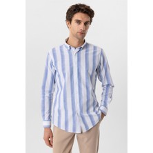 Mavi Slim Fit Desenli Düğmeli Yaka Çizgili Gömlek