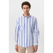 Mavi Slim Fit Desenli Düğmeli Yaka Çizgili Gömlek