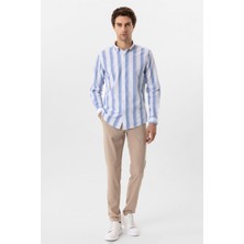 Mavi Slim Fit Desenli Düğmeli Yaka Çizgili Gömlek