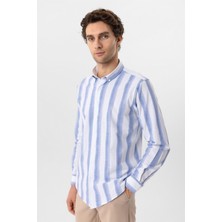 Mavi Slim Fit Desenli Düğmeli Yaka Çizgili Gömlek
