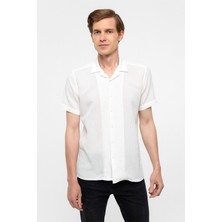 Ekru Slim Fit Düz Apaş Yaka Gömlek