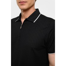 Siyah Slim Fitilli Polo Yaka Tişört