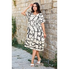 Kadın Desenli Kısa Kol Ekru Cepli Fırfırlı Büyük Beden Elbise Viskon Yazlık Plaj Tatil Elbisesi