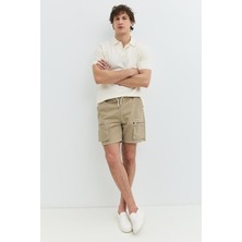 Regular Fit Lastik Bel Fermuarlı Cep Detaylı Haki / Camel Erkek Şort