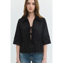Mini Bağcıklı Gabardin Siyah Kadın Gömlek