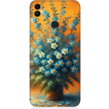 Huawei Honor 8c Uyumlu Turuncuda Mavi Çiçekler  Desenli Silikon Kılıf