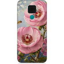 Huawei Mate 30 Lite Uyumlu Pembe Çiçek ve Arı  Desenli Silikon Kılıf