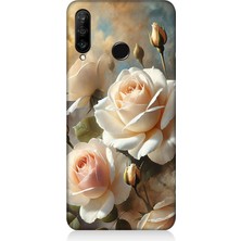 Huawei P30 Lite Uyumlu Krem Beyaz Güllerin Sessizliği  Desenli Silikon Kılıf