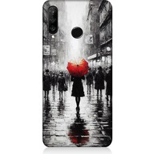 Huawei P30 Lite Uyumlu Kırmızı Şemsiyeli Yalnızlık  Desenli Silikon Kılıf