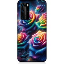 Huawei P40 Pro Uyumlu Gökkuşağı Güllerin Patlaması  Desenli Silikon Kılıf