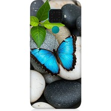 Huawei Mate 30 Lite Uyumlu Mavilikte Taş Üzerinde Kelebek  Desenli Silikon Kılıf