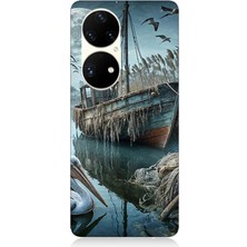 Huawei P50 Pro Uyumlu Ay Işığında Eski Gemi  Desenli Silikon Kılıf