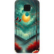 Huawei Mate 30 Lite Uyumlu Ay Işığında Kırmızı Kuşlar  Desenli Silikon Kılıf