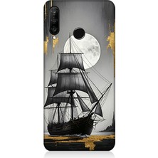 Huawei P30 Lite Uyumlu Dolunayda Yelkenli Gemi  Desenli Silikon Kılıf