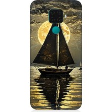 Huawei Mate 30 Lite Uyumlu Altın Ayda Yelkenli  Desenli Silikon Kılıf