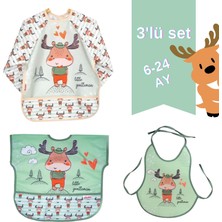Bambino Kids Uzun Kollu Sıvı Geçirmez Mama Önlüğü – Gıda Cepli, Eğlenceli Desenli, 6- 24 Ay, Geyik 3'lü Set