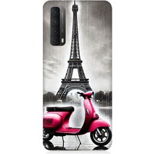 Huawei P Smart 2021 Uyumlu Pembe Scooter Eyfel Önü  Desenli Silikon Kılıf