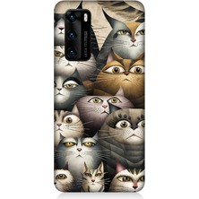 Huawei P40 Uyumlu Meraklı Gözlü Kediler  Desenli Silikon Kılıf