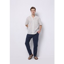 Regular Fit Orta Bel Uzun Paça Erkek Keten Lacivert  Pantolon