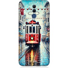 Huawei Mate 20 Lite Uyumlu Yağmurlu Sokakta Kırmızı Tramvay  Desenli Silikon Kılıf