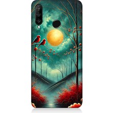 Huawei P30 Lite Uyumlu Ay Işığında Kırmızı Kuşlar  Desenli Silikon Kılıf