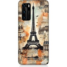 Huawei P40 Uyumlu Kahverengi Eyfel Kompozisyonu  Desenli Silikon Kılıf