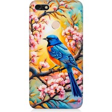 Huawei P9 Lite Mini Uyumlu Pembe Dallarda Mavi Kuş  Desenli Silikon Kılıf