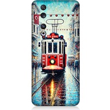 Huawei Honor 90 Uyumlu Yağmurlu Sokakta Kırmızı Tramvay  Desenli Silikon Kılıf