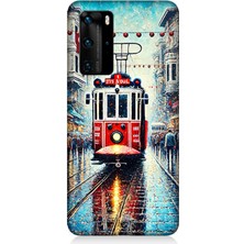 Huawei P40 Pro Uyumlu Yağmurlu Sokakta Kırmızı Tramvay  Desenli Silikon Kılıf