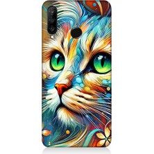 Huawei P30 Lite Uyumlu Parlak Gözlü Renkli Kedi  Desenli Silikon Kılıf