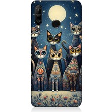 Huawei P30 Lite Uyumlu Ay Altında Kedi Ailesi  Desenli Silikon Kılıf