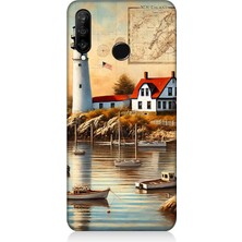Huawei P30 Lite Uyumlu Harita Yanı Deniz Feneri  Desenli Silikon Kılıf