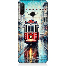 Huawei P30 Lite Uyumlu Yağmurlu Sokakta Kırmızı Tramvay  Desenli Silikon Kılıf