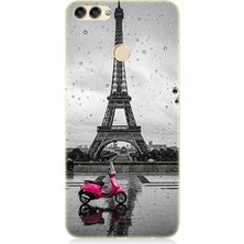 Huawei P Smart Uyumlu Yağmurda Eyfel ve Scooter  Desenli Silikon Kılıf